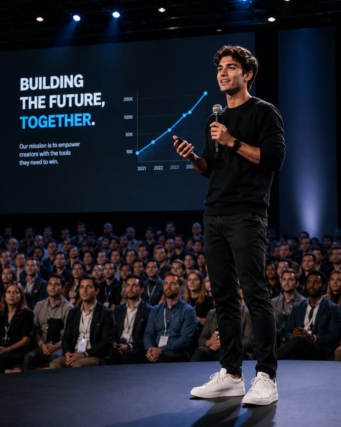 A founder on stage presenting their growth to a packed keynote